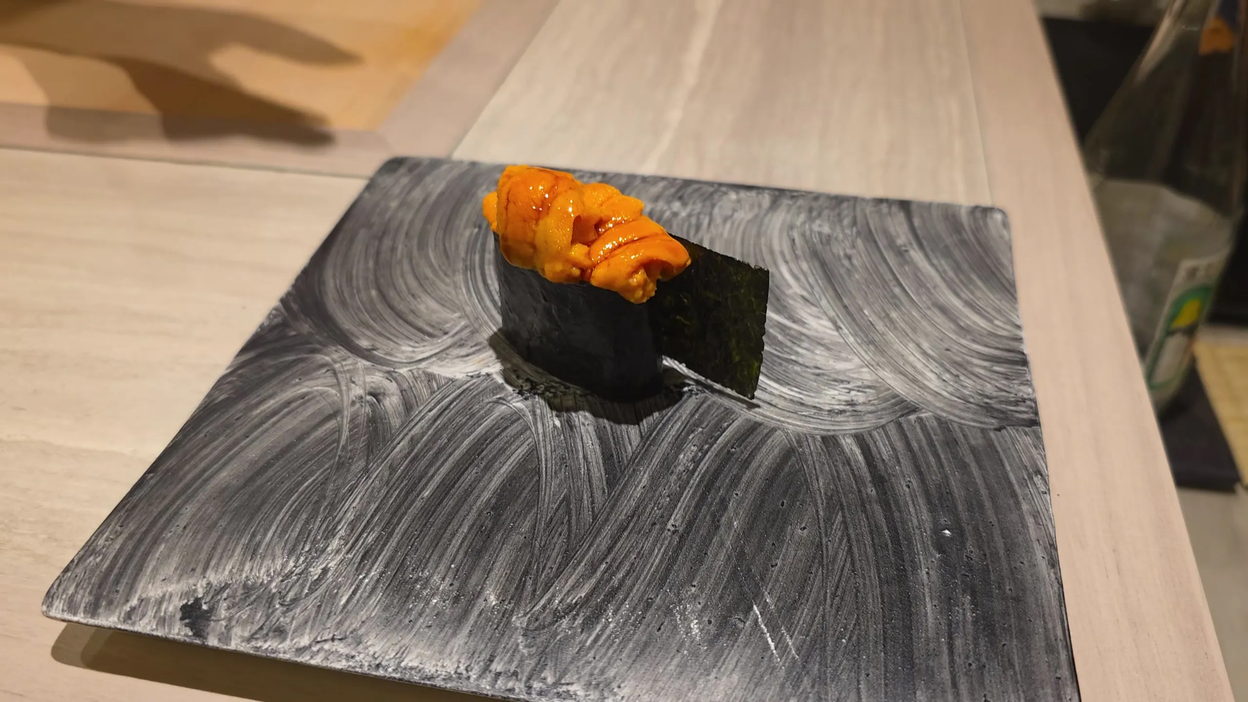 Bafun uni gunkan on a slate plate at Shimazu